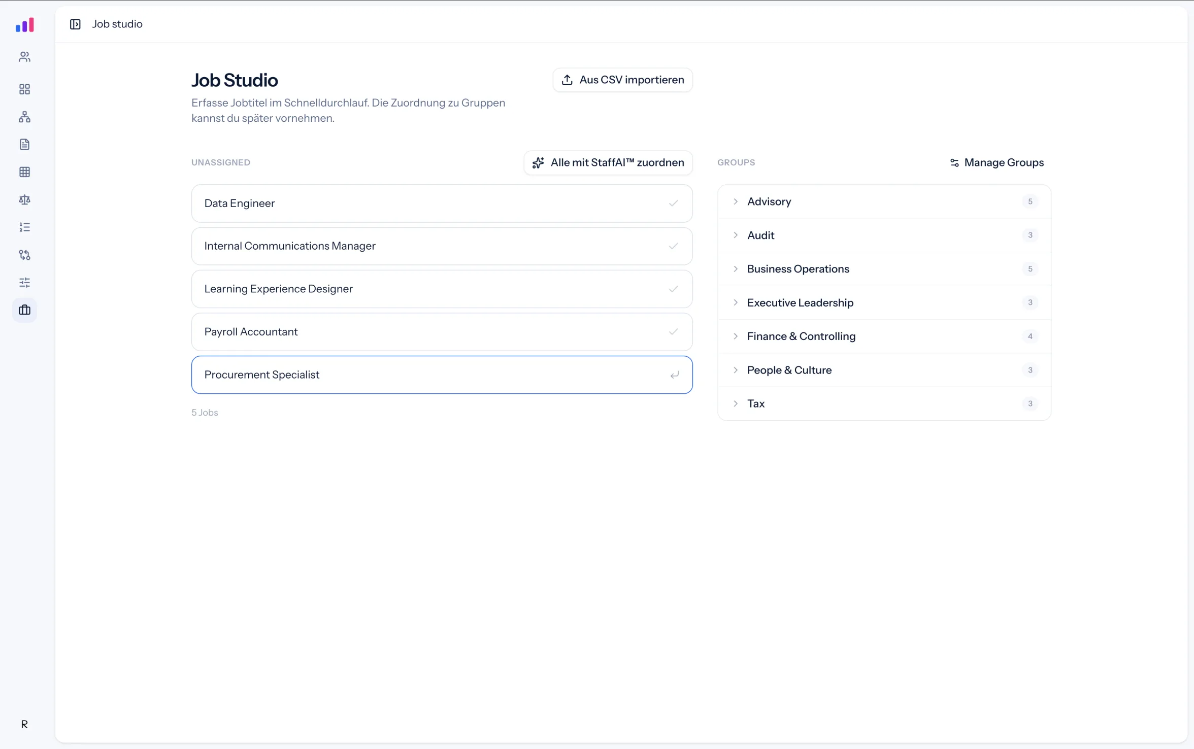 Job Studio: unassigned roles beside the group tree
